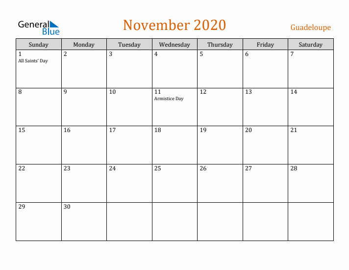 November 2020 Holiday Calendar with Sunday Start