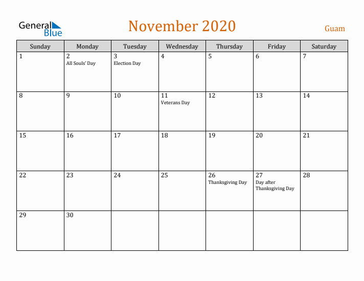 November 2020 Holiday Calendar with Sunday Start