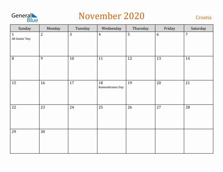 November 2020 Holiday Calendar with Sunday Start