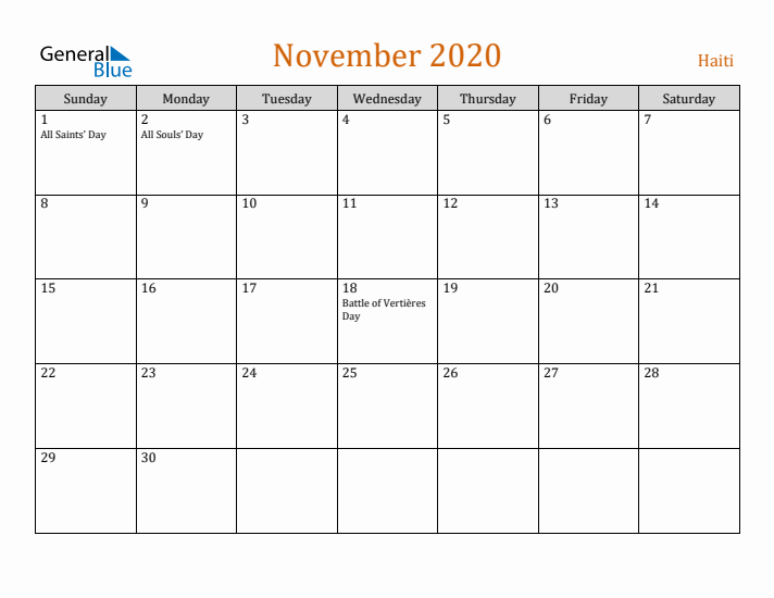 November 2020 Holiday Calendar with Sunday Start