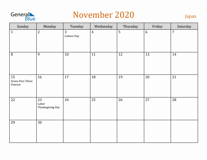 November 2020 Holiday Calendar with Sunday Start