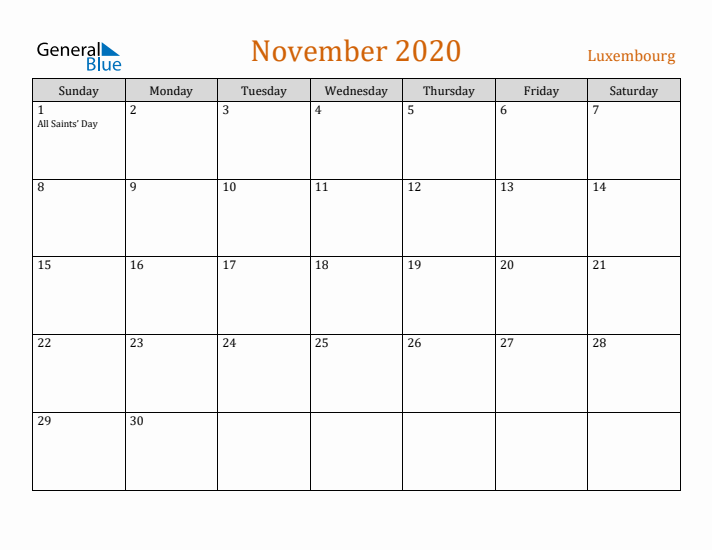 November 2020 Holiday Calendar with Sunday Start