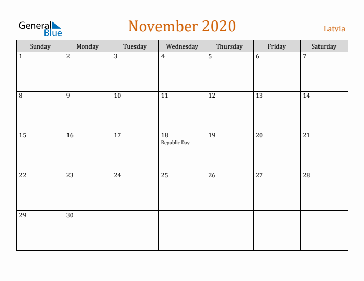 November 2020 Holiday Calendar with Sunday Start