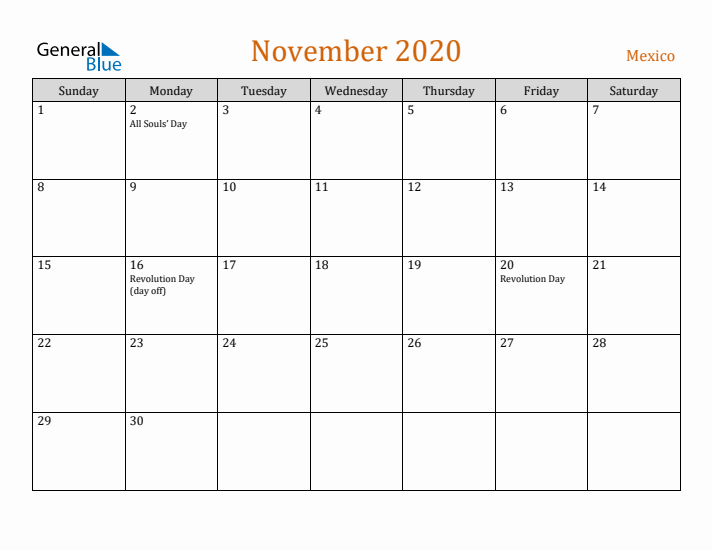 November 2020 Holiday Calendar with Sunday Start