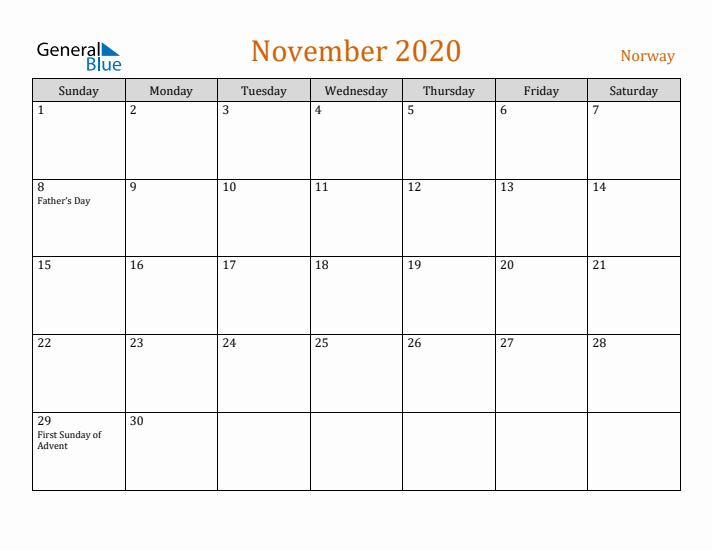 November 2020 Holiday Calendar with Sunday Start