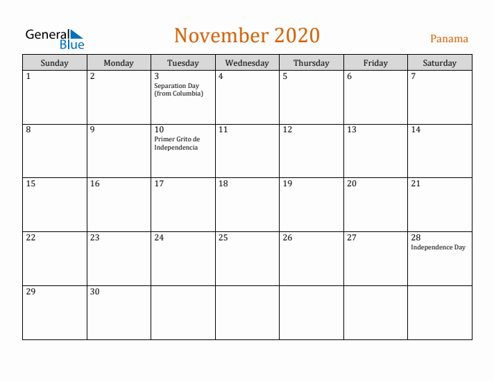 November 2020 Holiday Calendar with Sunday Start