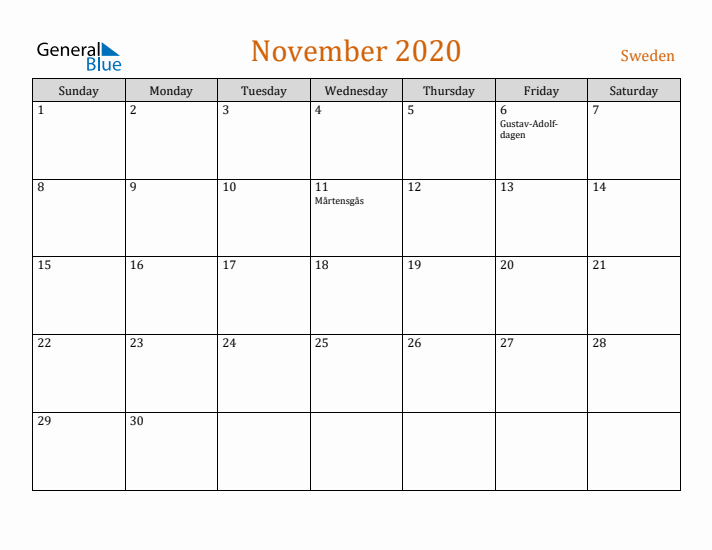 November 2020 Holiday Calendar with Sunday Start