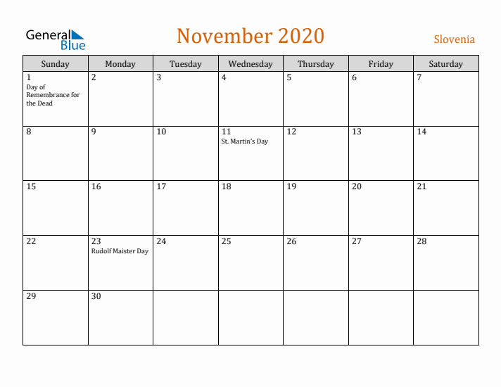 November 2020 Holiday Calendar with Sunday Start