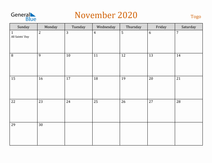 November 2020 Holiday Calendar with Sunday Start