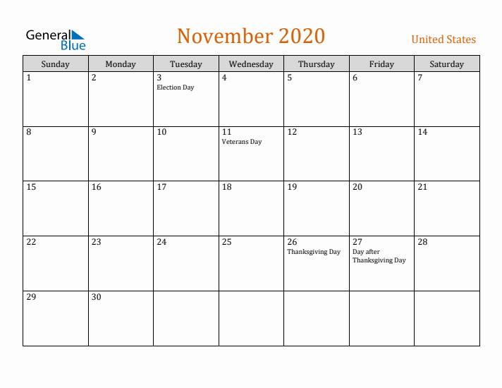 November 2020 Holiday Calendar with Sunday Start