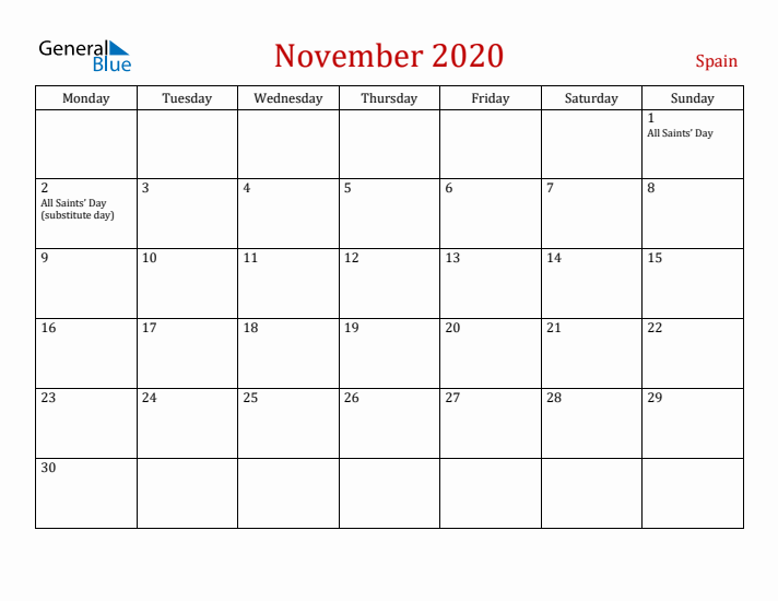 Spain November 2020 Calendar - Monday Start