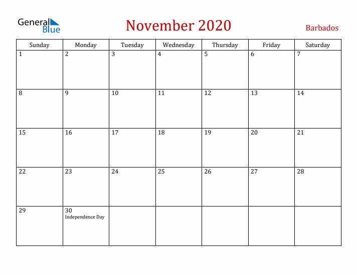 Barbados November 2020 Calendar - Sunday Start