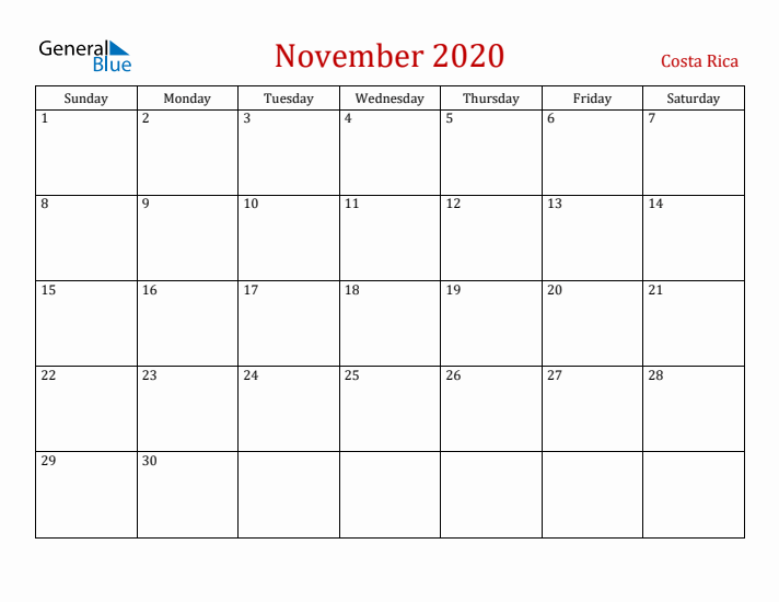 Costa Rica November 2020 Calendar - Sunday Start