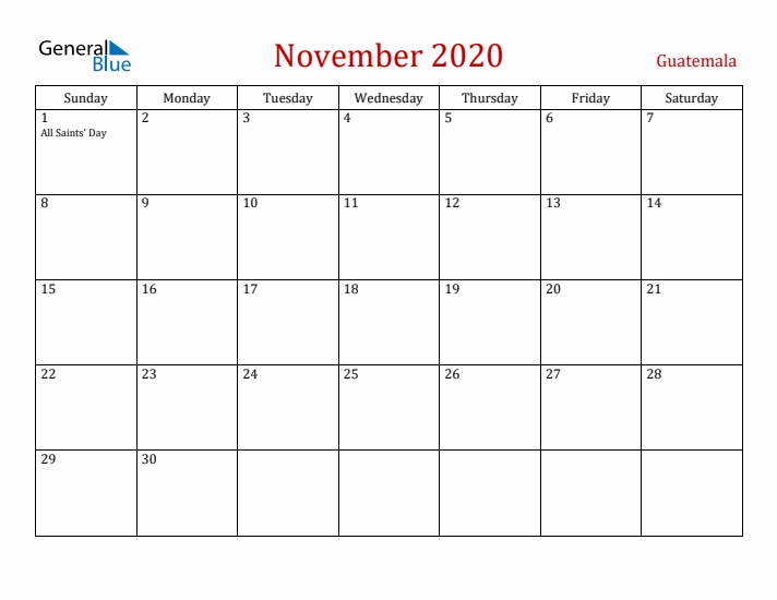 Guatemala November 2020 Calendar - Sunday Start