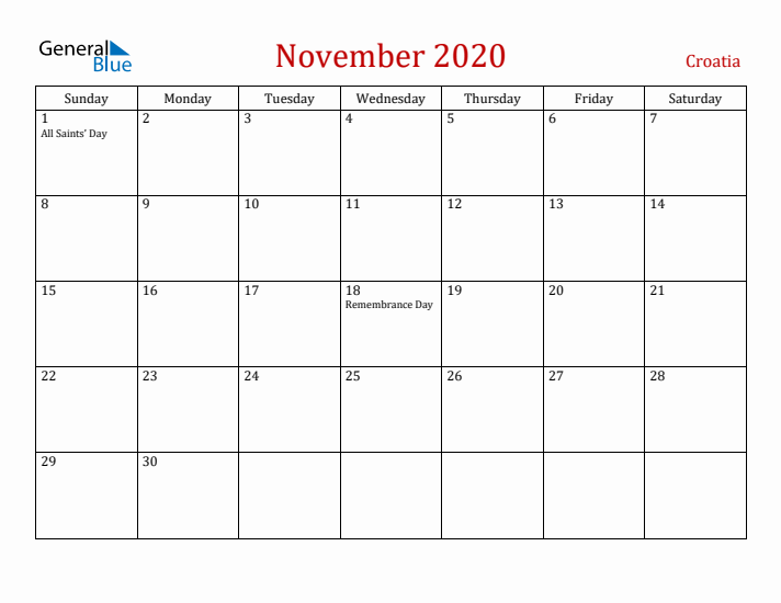 Croatia November 2020 Calendar - Sunday Start