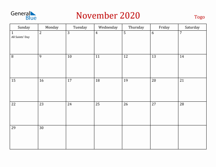 Togo November 2020 Calendar - Sunday Start