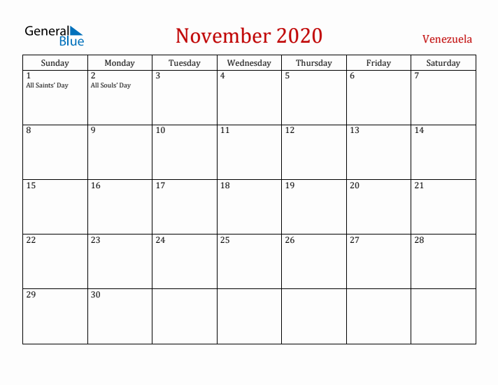 Venezuela November 2020 Calendar - Sunday Start