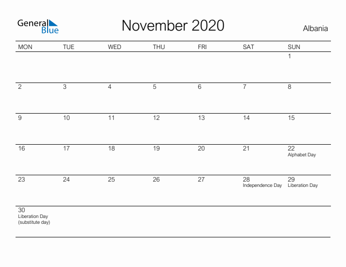 Printable November 2020 Calendar for Albania