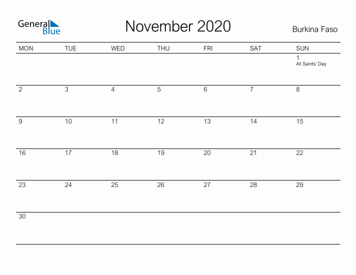 Printable November 2020 Calendar for Burkina Faso