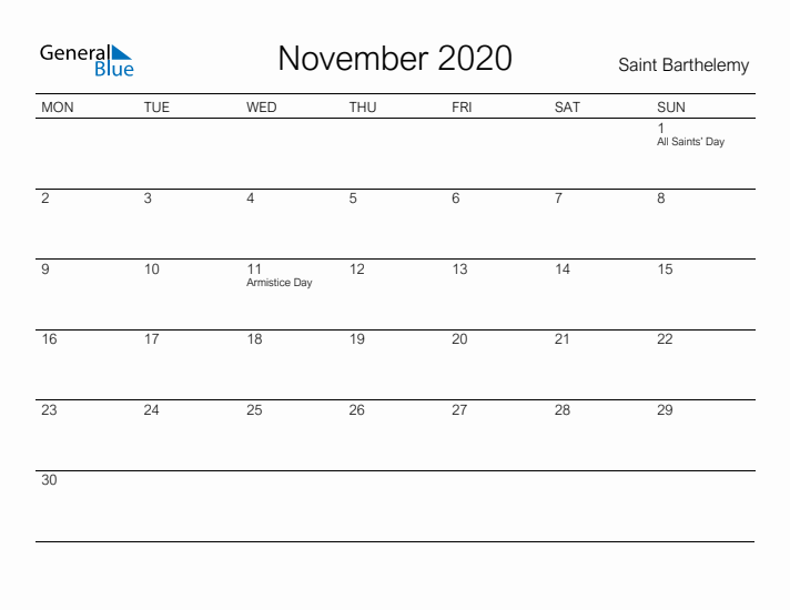 Printable November 2020 Calendar for Saint Barthelemy