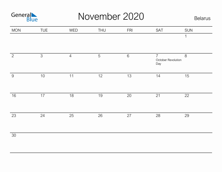 Printable November 2020 Calendar for Belarus