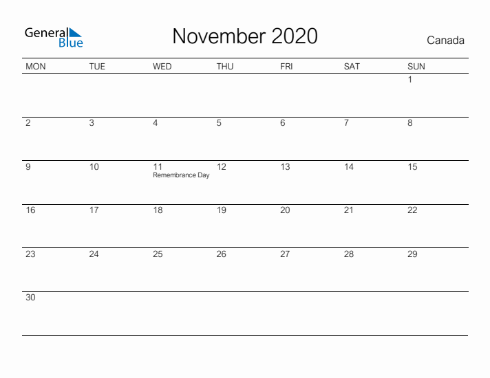 Printable November 2020 Calendar for Canada