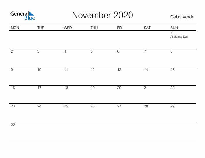 Printable November 2020 Calendar for Cabo Verde