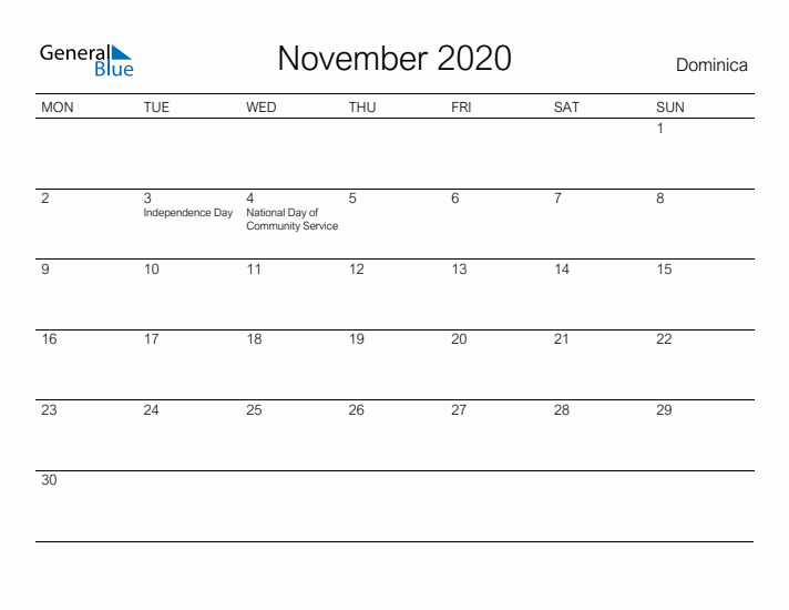 Printable November 2020 Calendar for Dominica