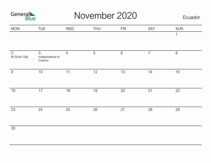 Printable November 2020 Calendar for Ecuador