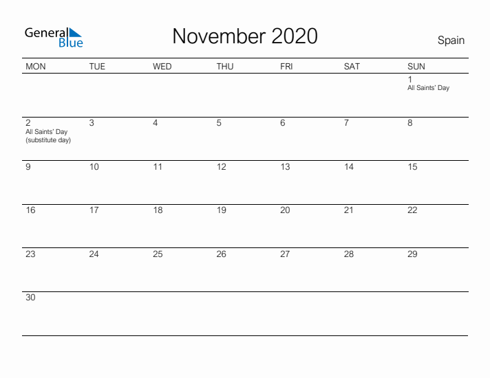 Printable November 2020 Calendar for Spain