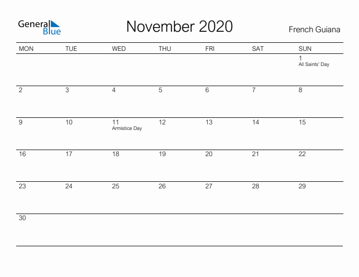 Printable November 2020 Calendar for French Guiana