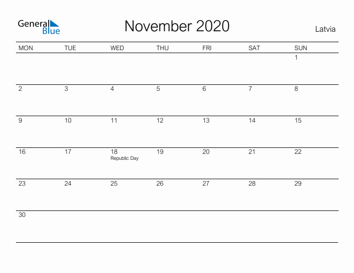 Printable November 2020 Calendar for Latvia