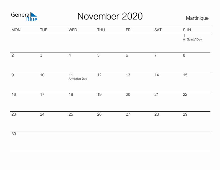 Printable November 2020 Calendar for Martinique