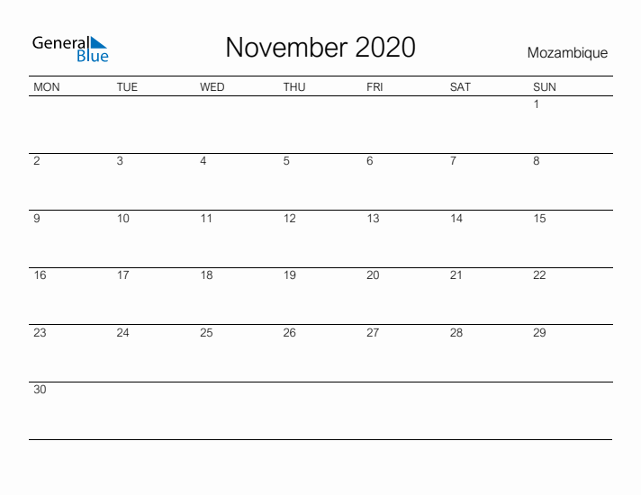 Printable November 2020 Calendar for Mozambique