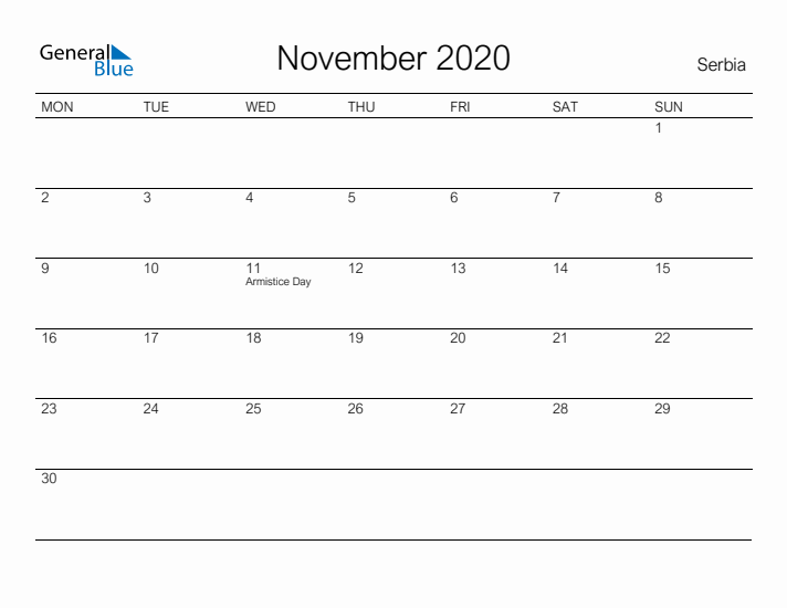 Printable November 2020 Calendar for Serbia