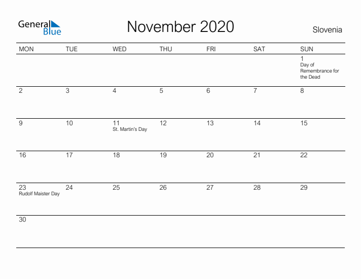 Printable November 2020 Calendar for Slovenia