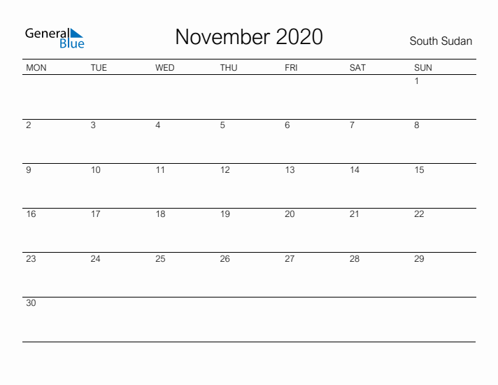 Printable November 2020 Calendar for South Sudan