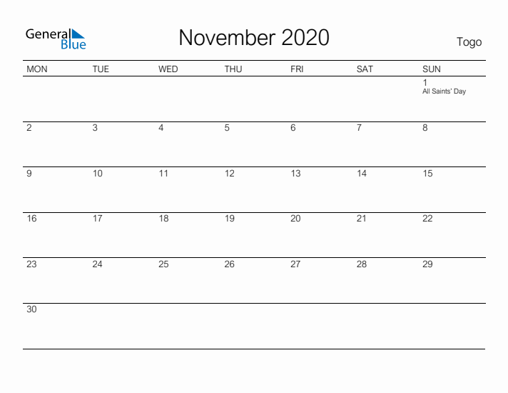 Printable November 2020 Calendar for Togo