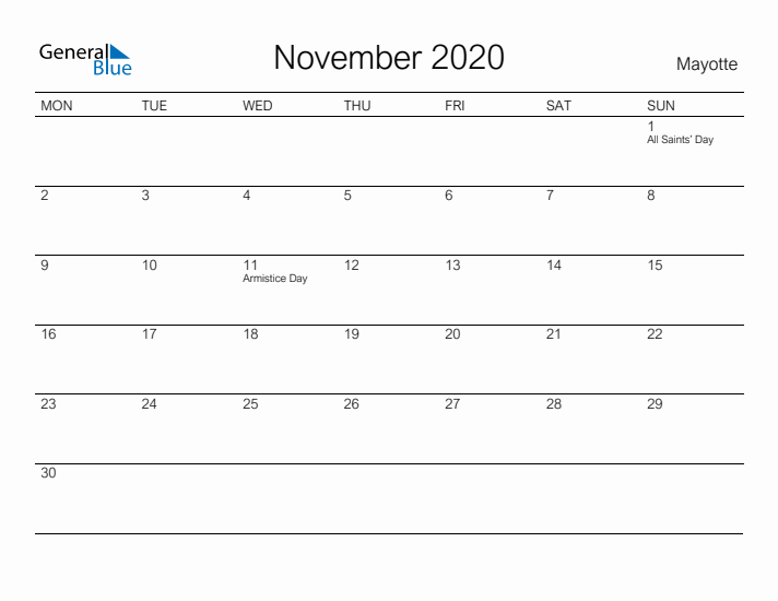 Printable November 2020 Calendar for Mayotte