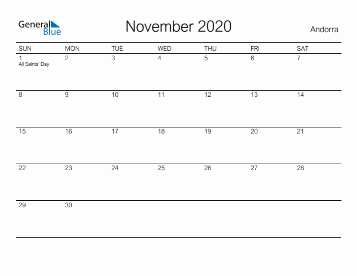 Printable November 2020 Calendar for Andorra