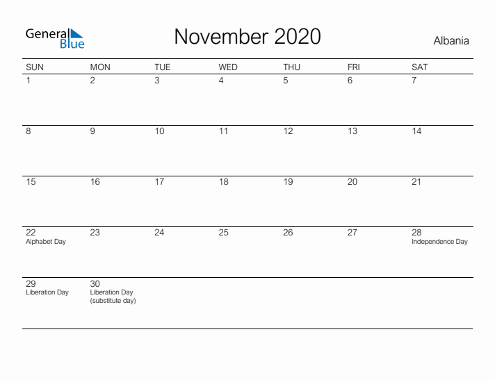 Printable November 2020 Calendar for Albania