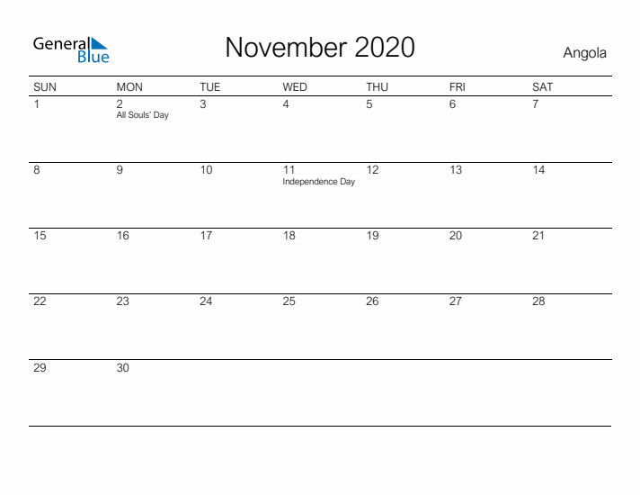 Printable November 2020 Calendar for Angola