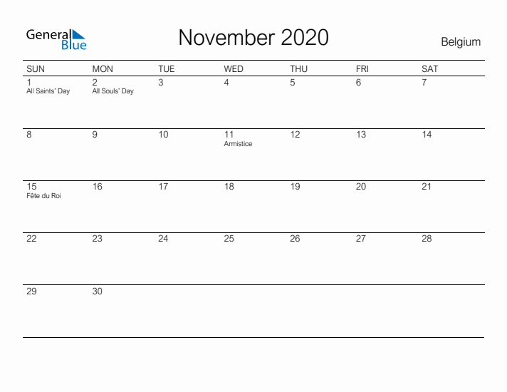 Printable November 2020 Calendar for Belgium