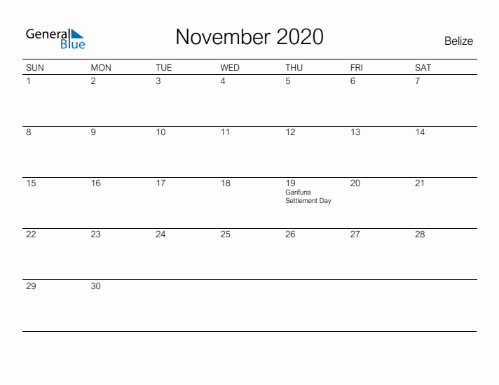 Printable November 2020 Calendar for Belize