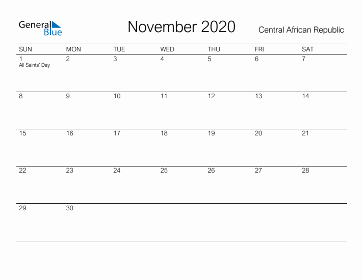 Printable November 2020 Calendar for Central African Republic