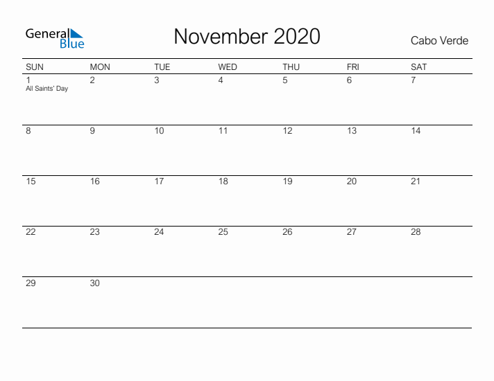 Printable November 2020 Calendar for Cabo Verde