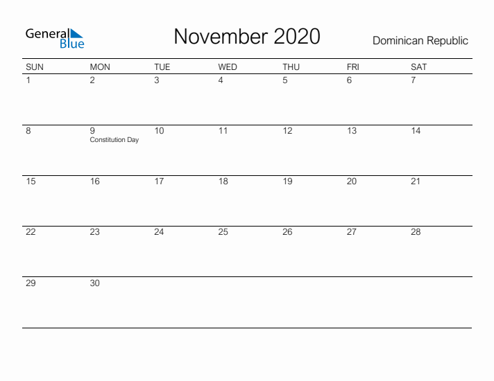 Printable November 2020 Calendar for Dominican Republic