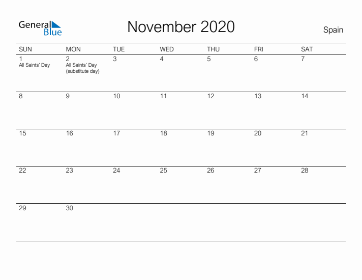 Printable November 2020 Calendar for Spain