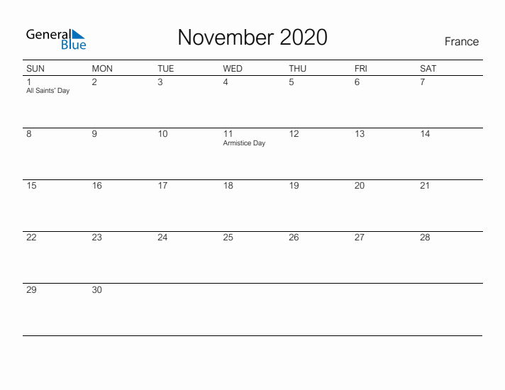 Printable November 2020 Calendar for France