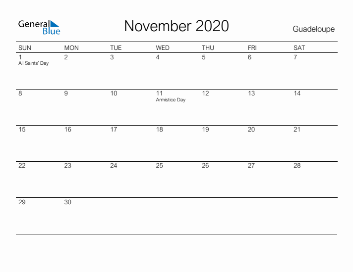 Printable November 2020 Calendar for Guadeloupe